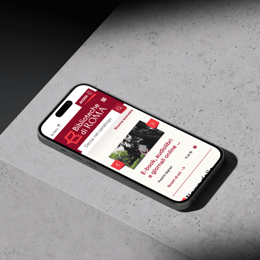 A smartphone displaying the Biblioteche di Roma portal with an intuitive and modern design.