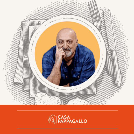 Ritratto di Luca Pappagallo con marchio Casa Pappagallo e sfondo illustrativo a tema culinario.