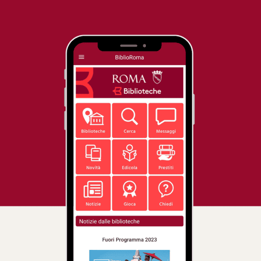 The BiblioRoma app home screen showcasing key services with a clean, user-friendly design.