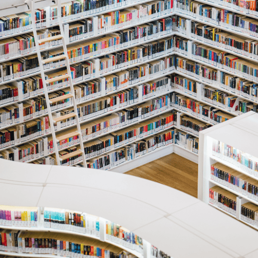 immagine di una biblioteca e scaffali con libri