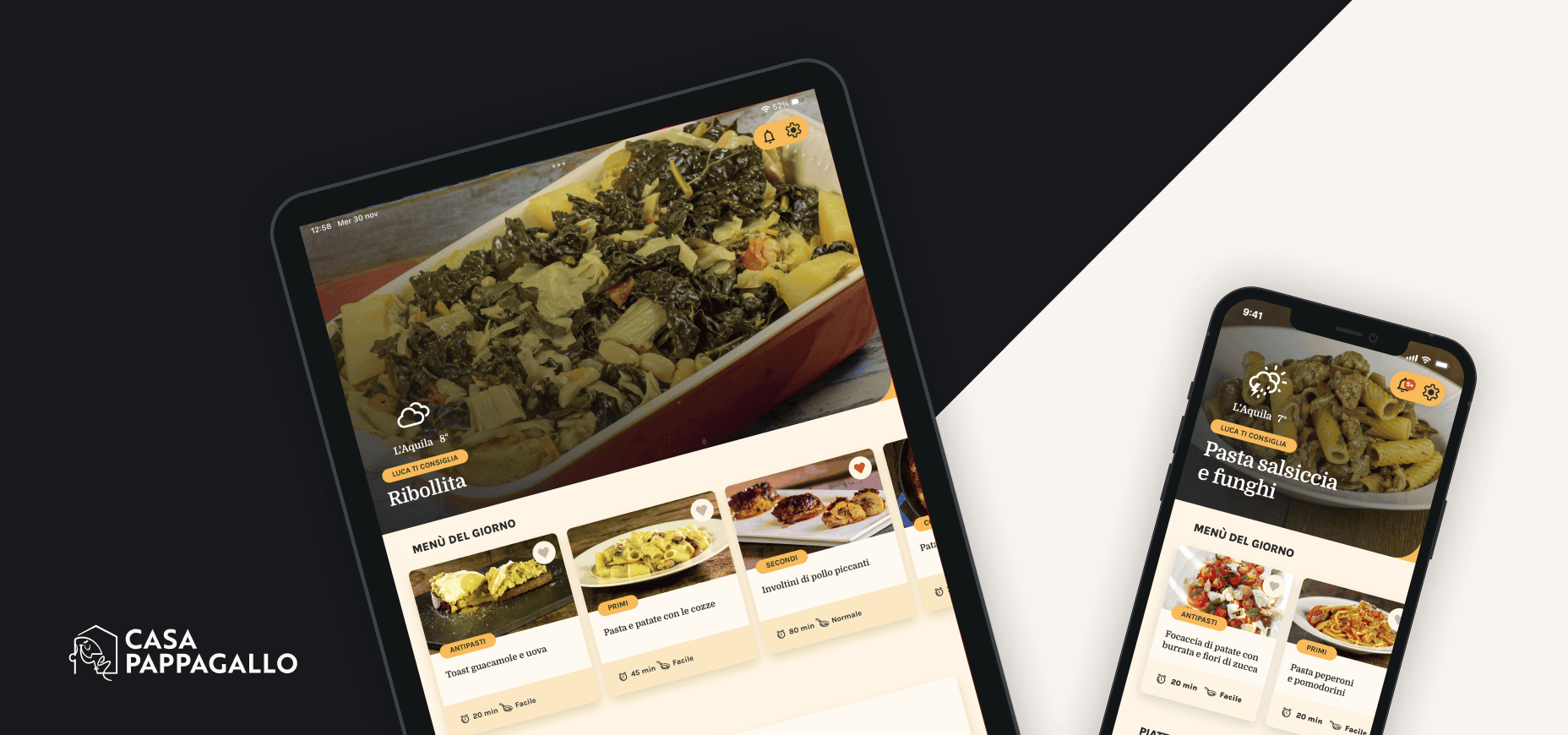 Tablet e smartphone che visualizzano l'interfaccia dell'app Casa Pappagallo con le ricette in evidenza e i suggerimenti del menù giornaliero.
