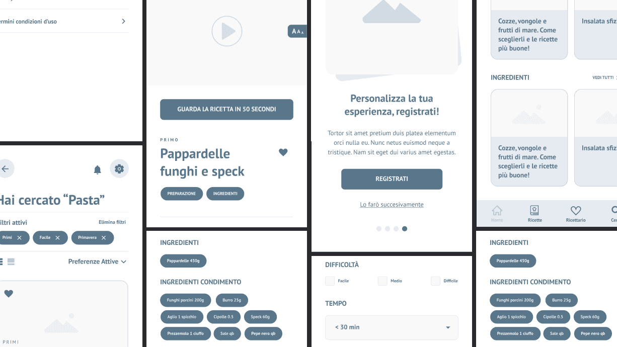 Wireframe dell'app Casa Pappagallo che mostrano la funzionalità di ricerca, i dettagli delle ricette e le opzioni di personalizzazione dell'utente.