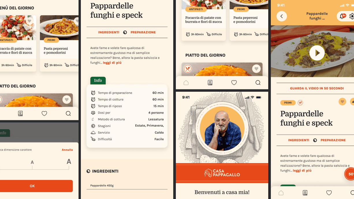 Interfaccia dell'app Casa Pappagallo che mostra suggerimenti per il menù giornaliero, dettagli sulle ricette e informazioni sulla cottura.